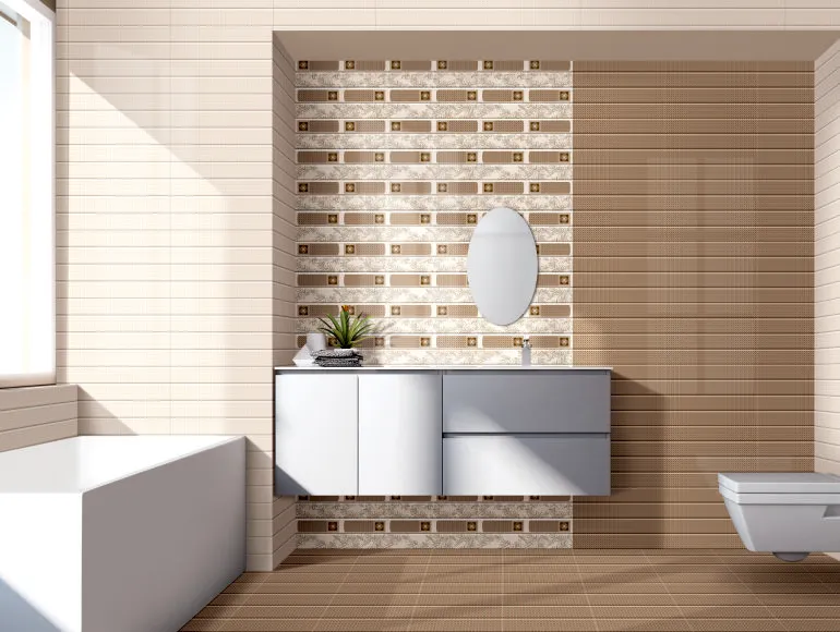 Ethnic tile layout for master-bathroom design with western toilet, bathtub and window